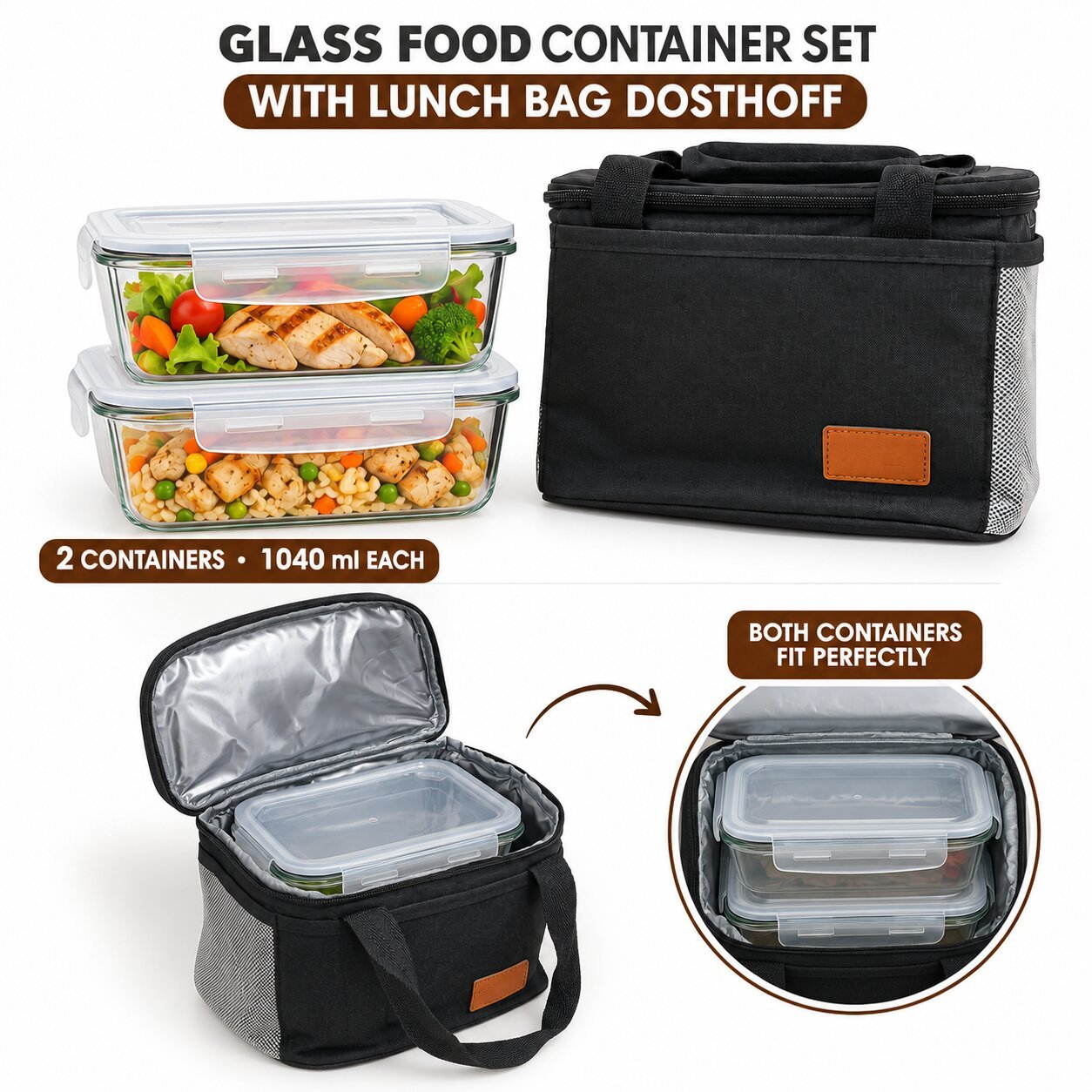 LUNCH BAG & 2 GLASS FOOD CONTAINERS SET DOSTHOFF
