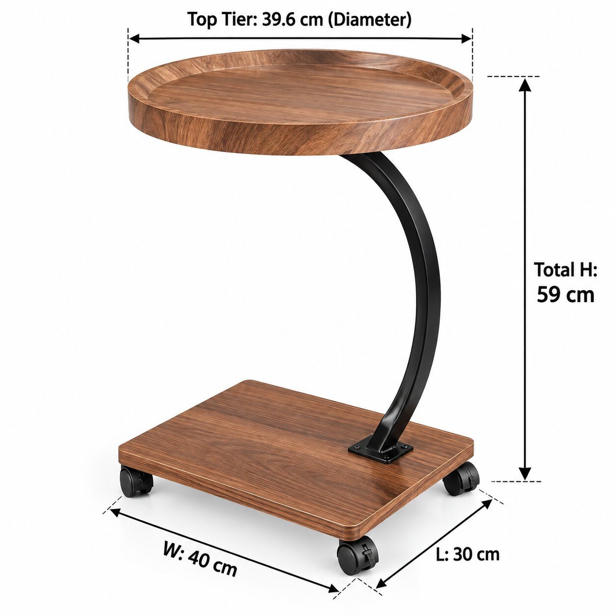 C-SHAPED SIDE TABLE WITH WHEELS & WOODEN TOP