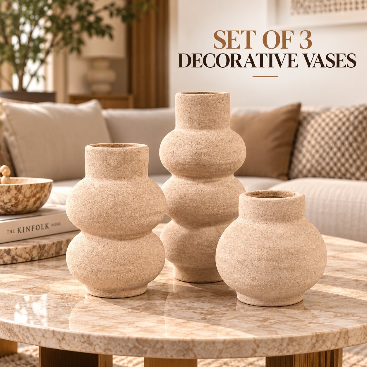 SET OF 3 DECORATIVE POTTERY VASES WITH ROUND SHAPES