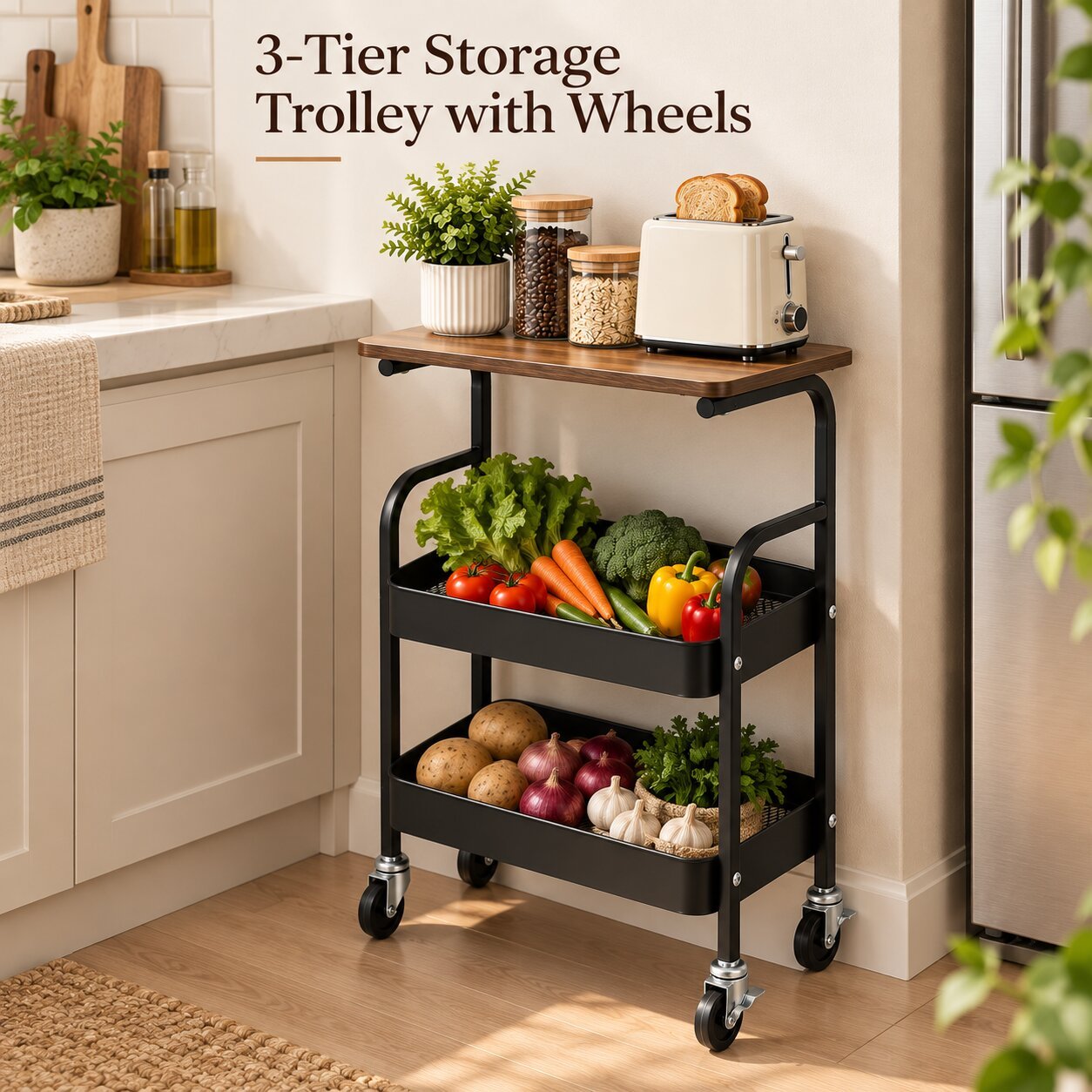3-TIER STORAGE TROLLEY WITH WHEELS & WOOD TOP