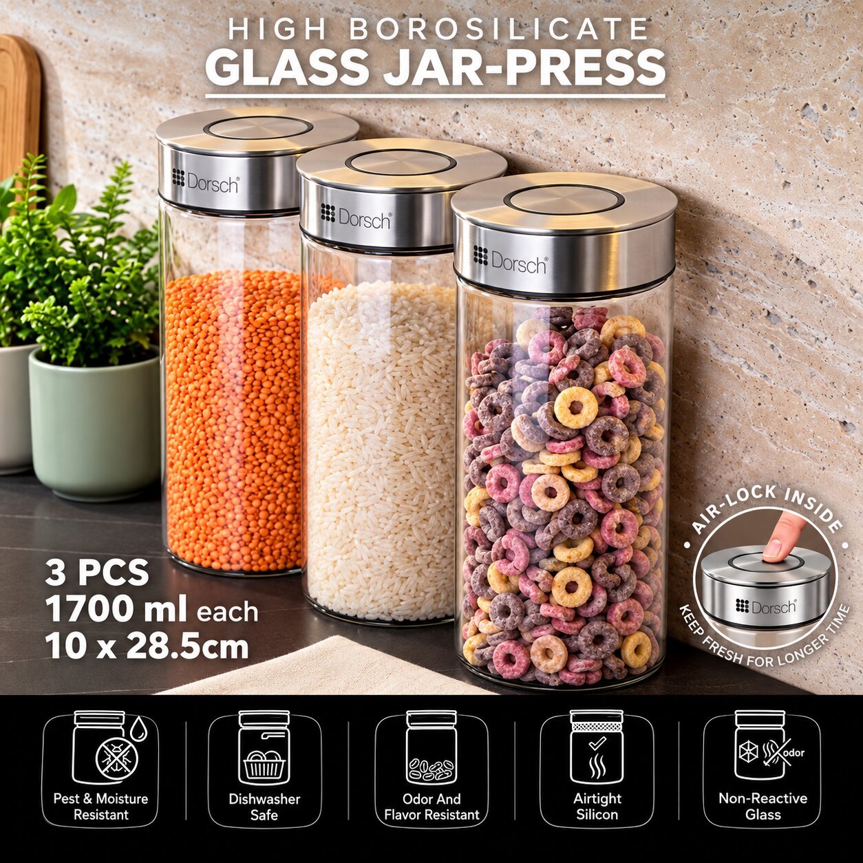 DORSCH BOROSILICATE GLASS 1700 ML PRESS-LOCK JARS SET OF 3