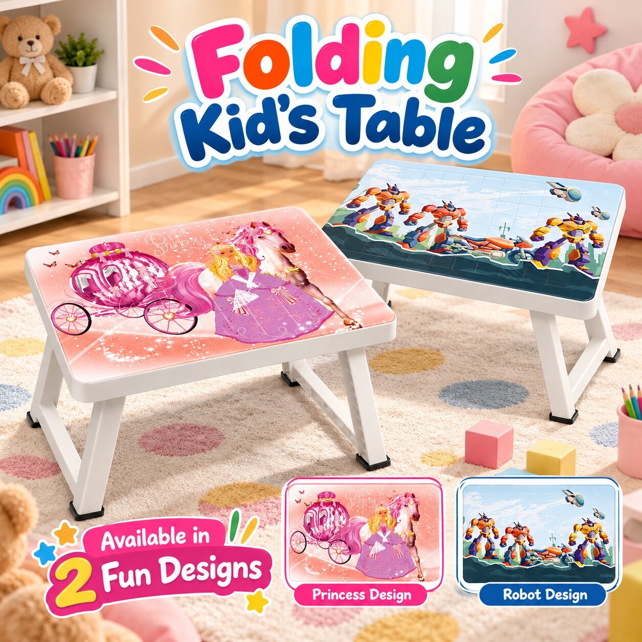 FOLDING KIDS TABLE WITH FUN PRINTED DESIGNS