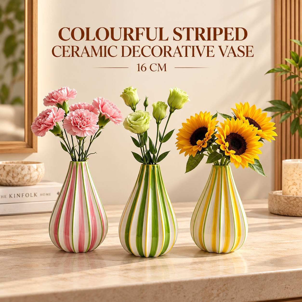 COLOURFUL STRIPED CERAMIC DECORATIVE VASE 16 CM - Image 2