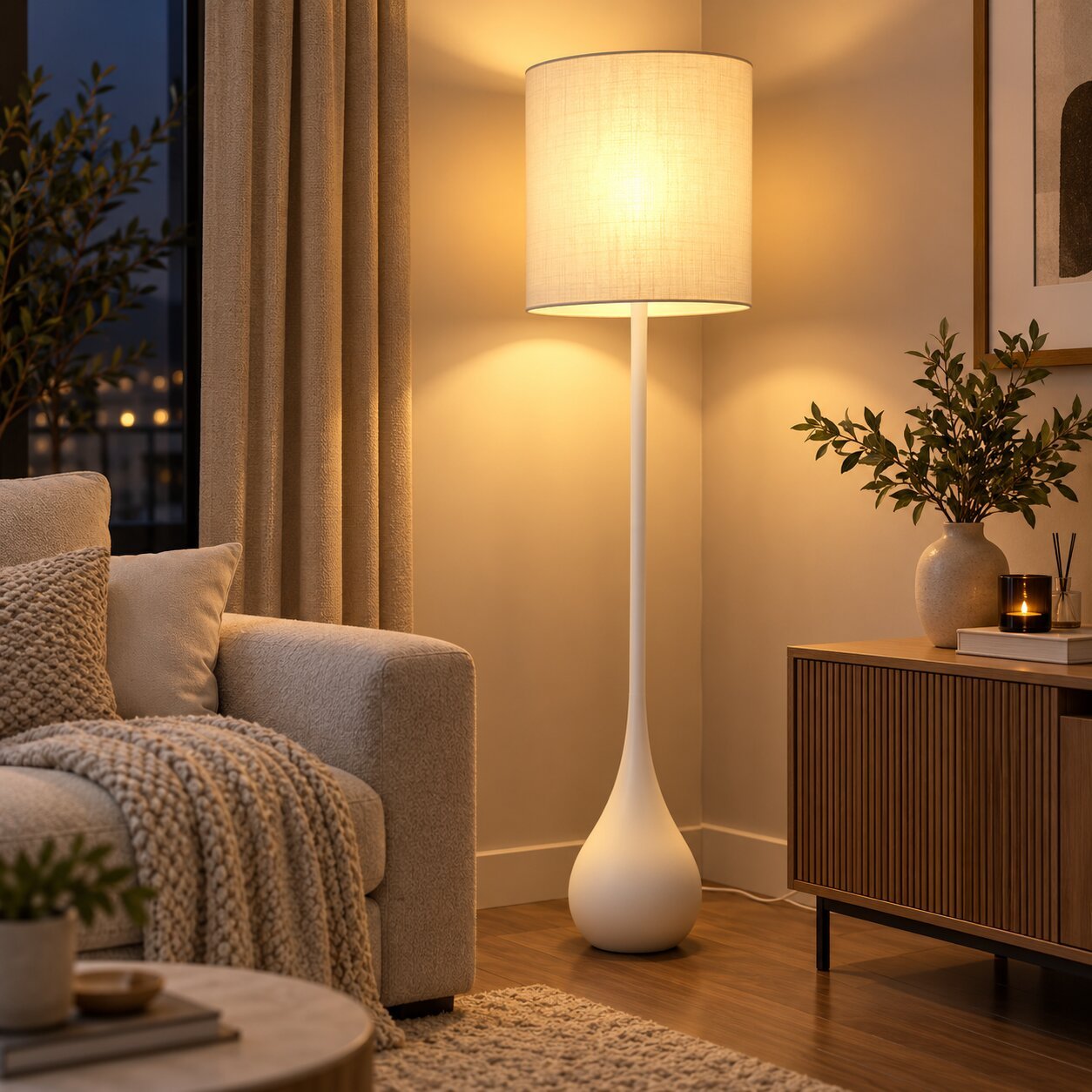 MODERN TEARDROP FLOOR LAMP WITH CYLINDRICAL SHADE - White