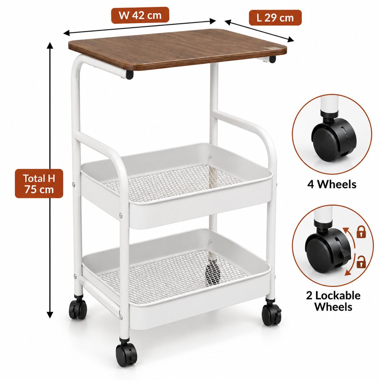 3-TIER ROLLING UTILITY CART WITH WOODEN TABLETOP