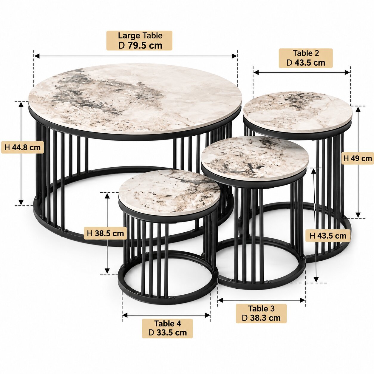 ROUND MARBLE TOP COFFEE TABLES SET OF 4