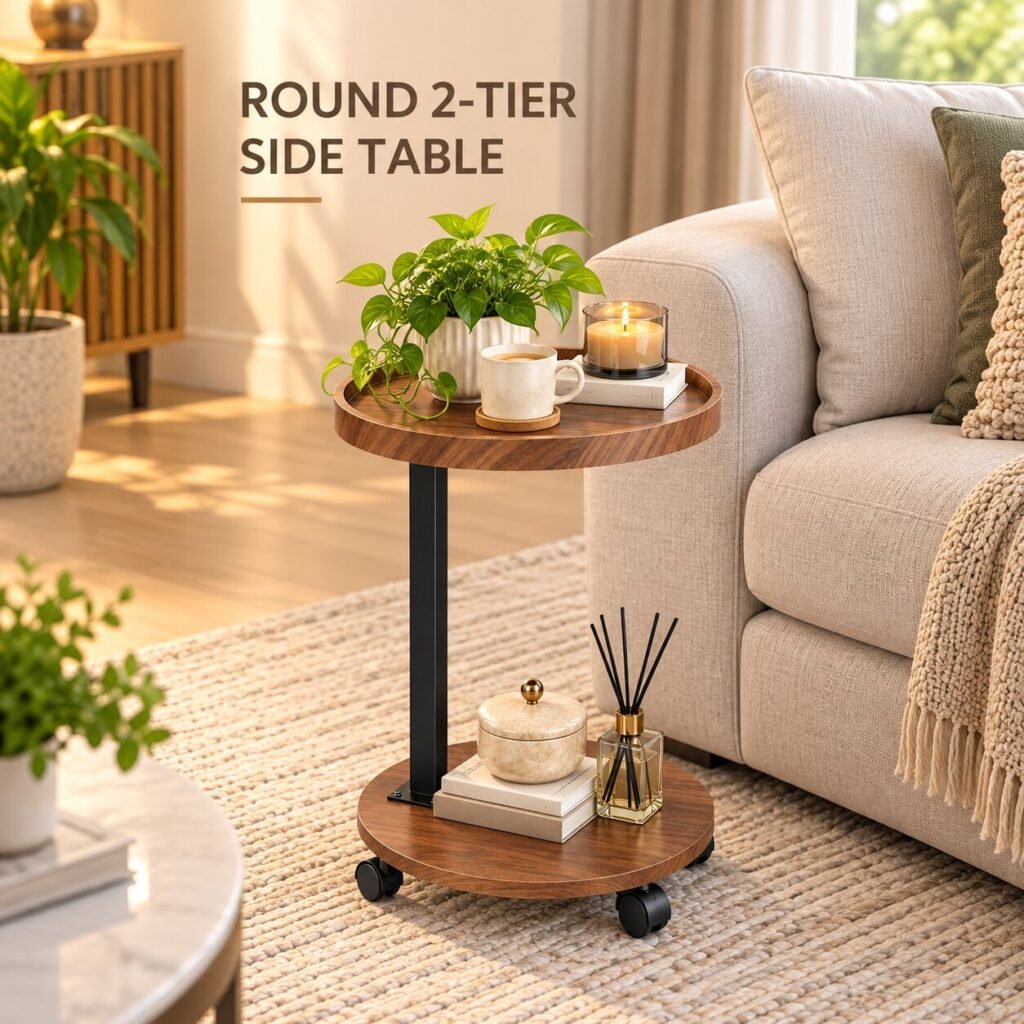 ROUND 2-TIER SIDE TABLE WITH WHEELS & WOOD TOP - Homedash