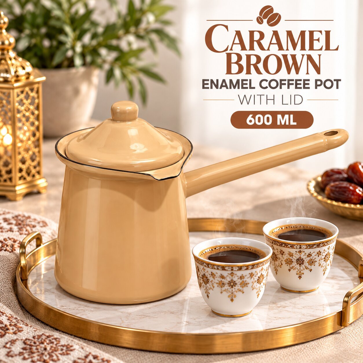 ENAMEL COFFEE POT WITH LID 600 ML - CARAMEL BROWN