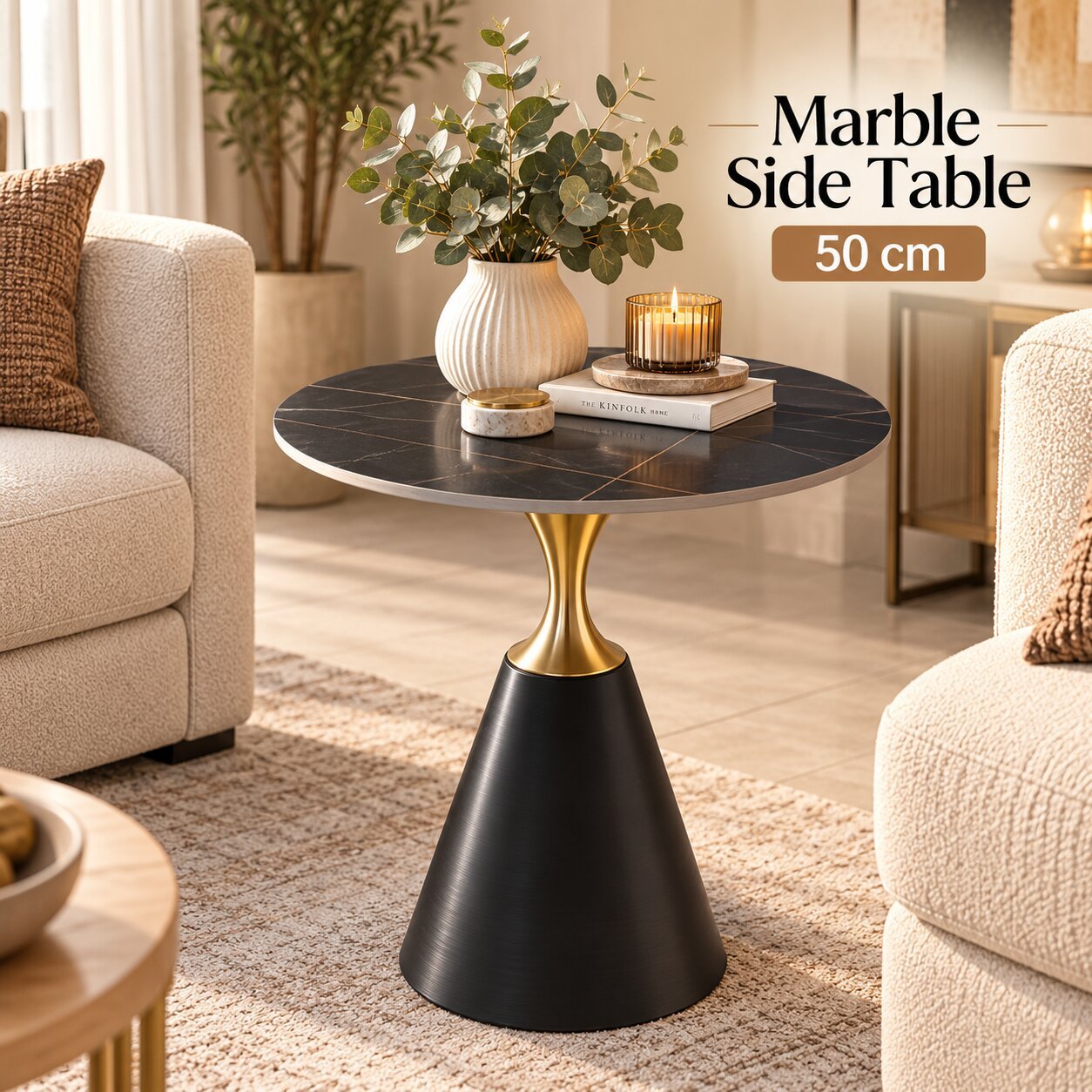 ROUND BLACK MARBLE SIDE TABLE WITH METAL BASE