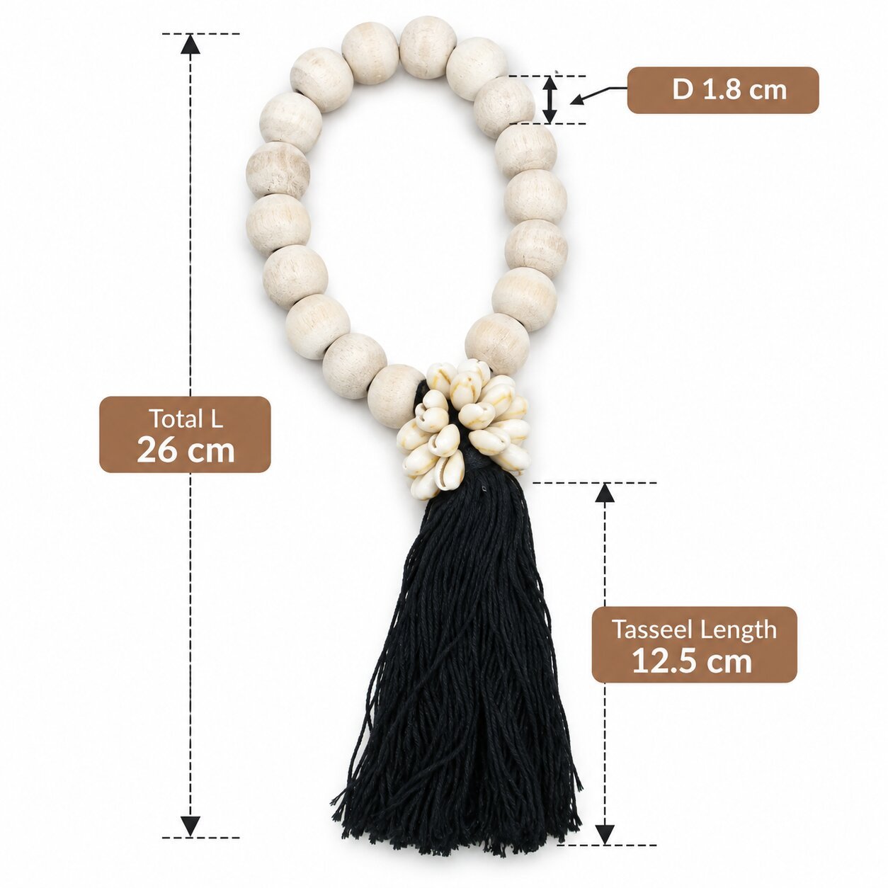 DECORATIVE WOODEN BEAD GARLAND WITH SHELLS 26 CM