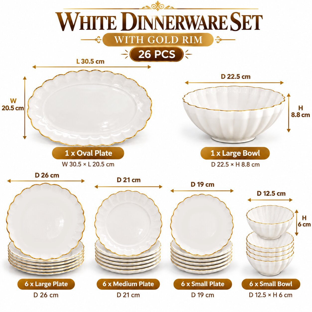 WHITE PORCELAIN SCALLOPED DINNERWARE SET 26 PCS