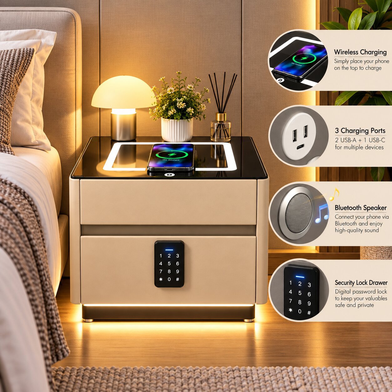 SMART NIGHTSTAND WITH DIGITAL LOCK & CHARGING - BEIJE