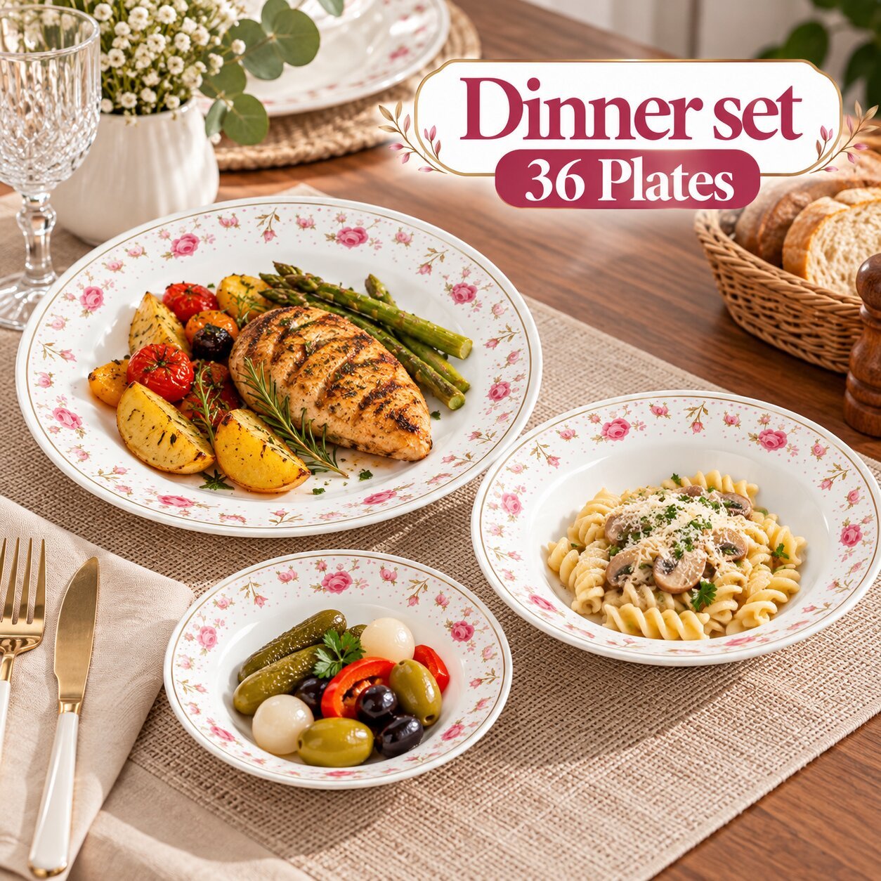 36-piece white ceramic dinner set with pink floral decoration,