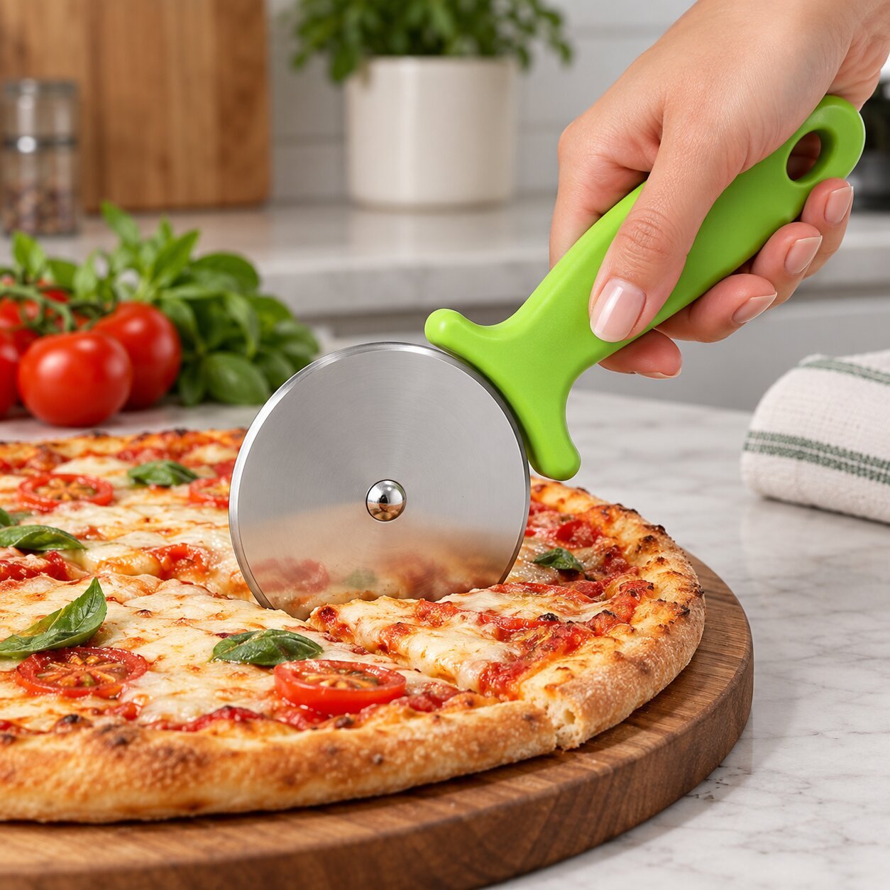 STAINLESS STEEL PIZZA CUTTER WITH SAFETY GRIP