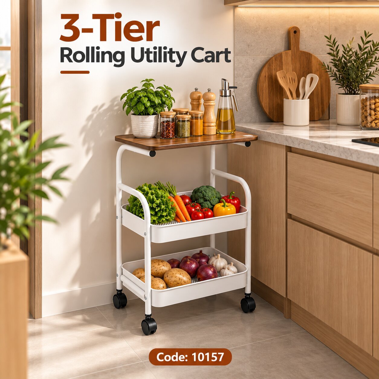 3-TIER ROLLING UTILITY CART WITH WOODEN TABLETOP - Image 2