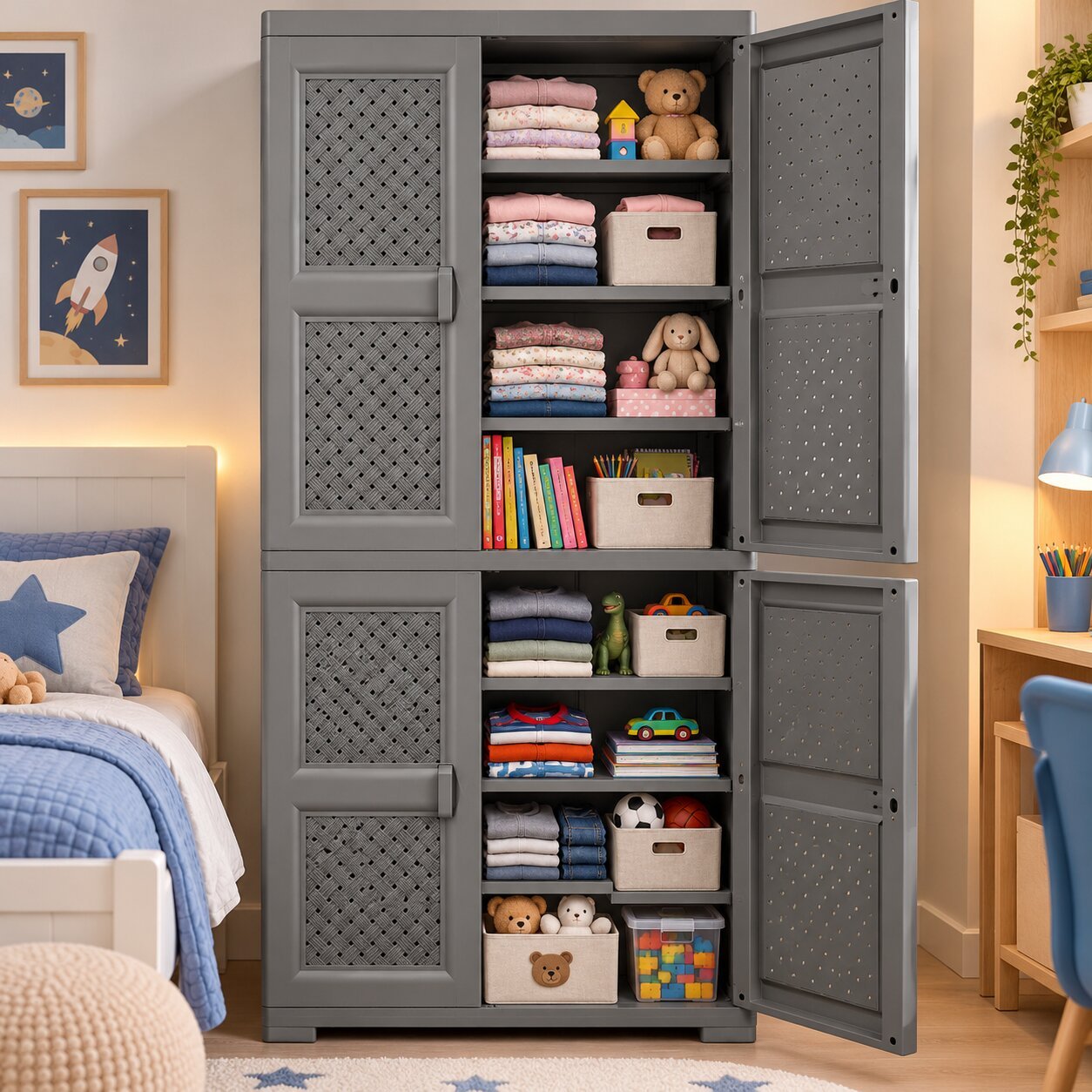 GREY STORAGE CABINET WITH 8 SHELVES AND 4 DOORS