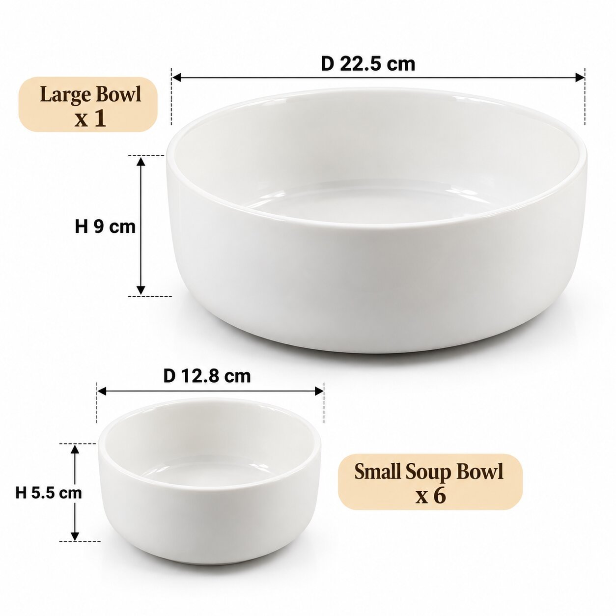 WHITE CERAMIC SALAD & SOUP BOWL SET 7 PIECES