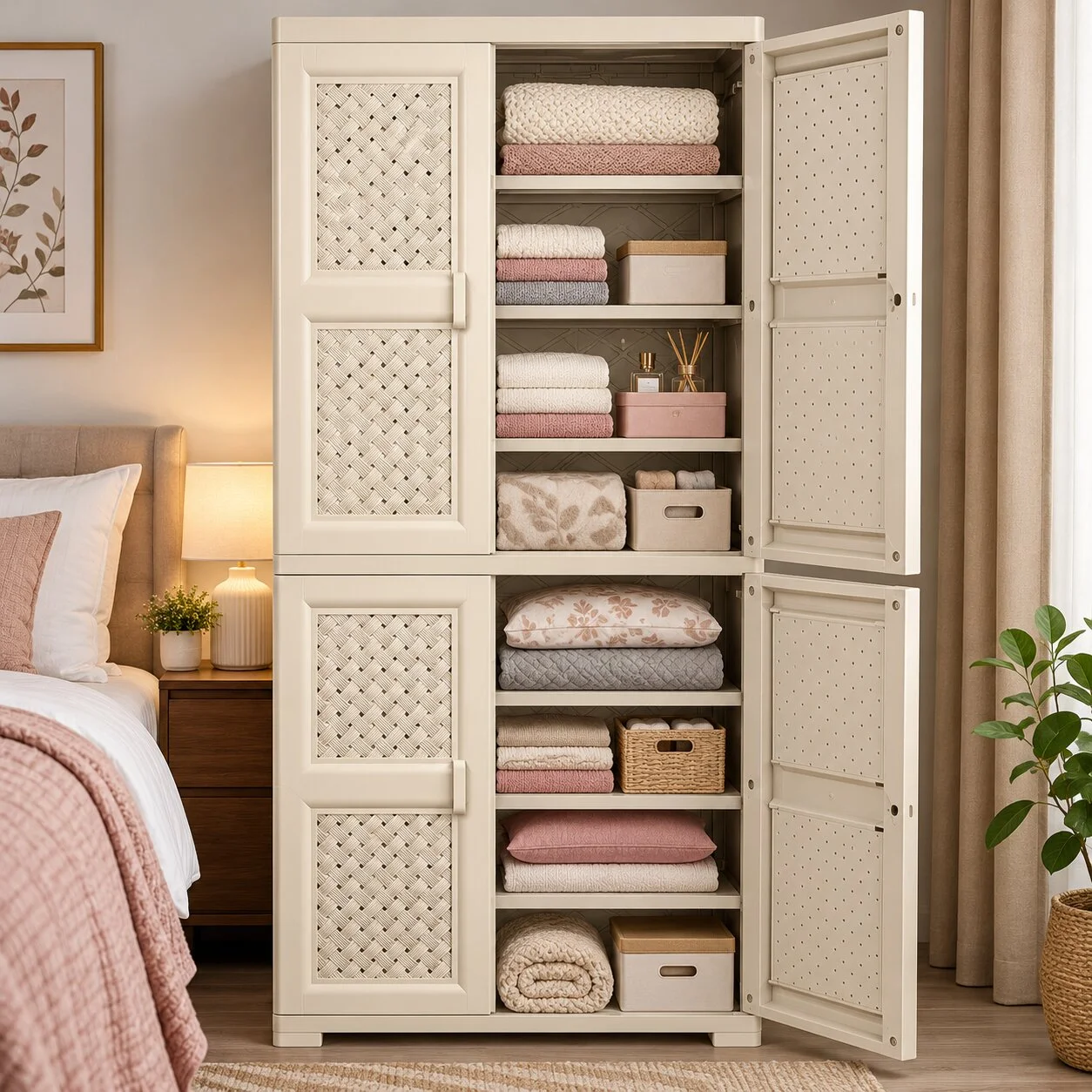 WHITE PLASTIC STORAGE CABINET WITH 8 SHELVES