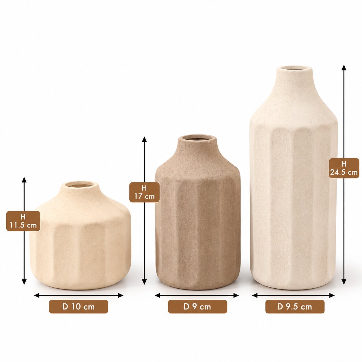SET OF 3 DECORATIVE POTTERY VASES WITH FLUTED DESIGN