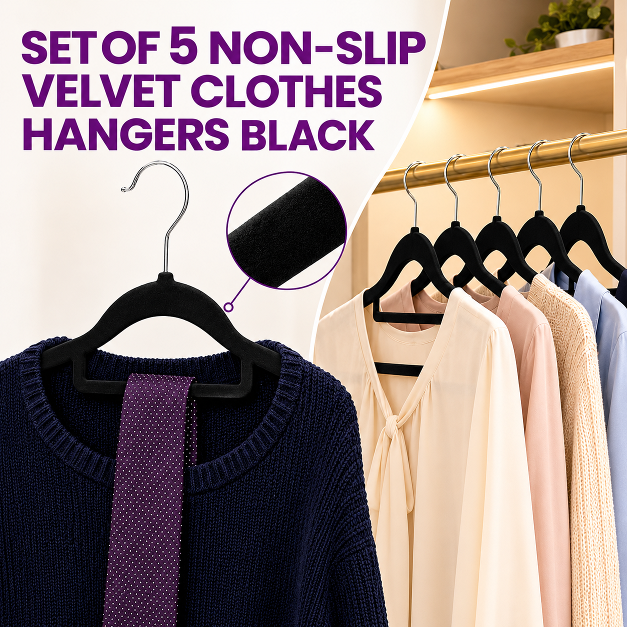 SET OF 5 NON-SLIP VELVET CLOTHES HANGERS BLACK
