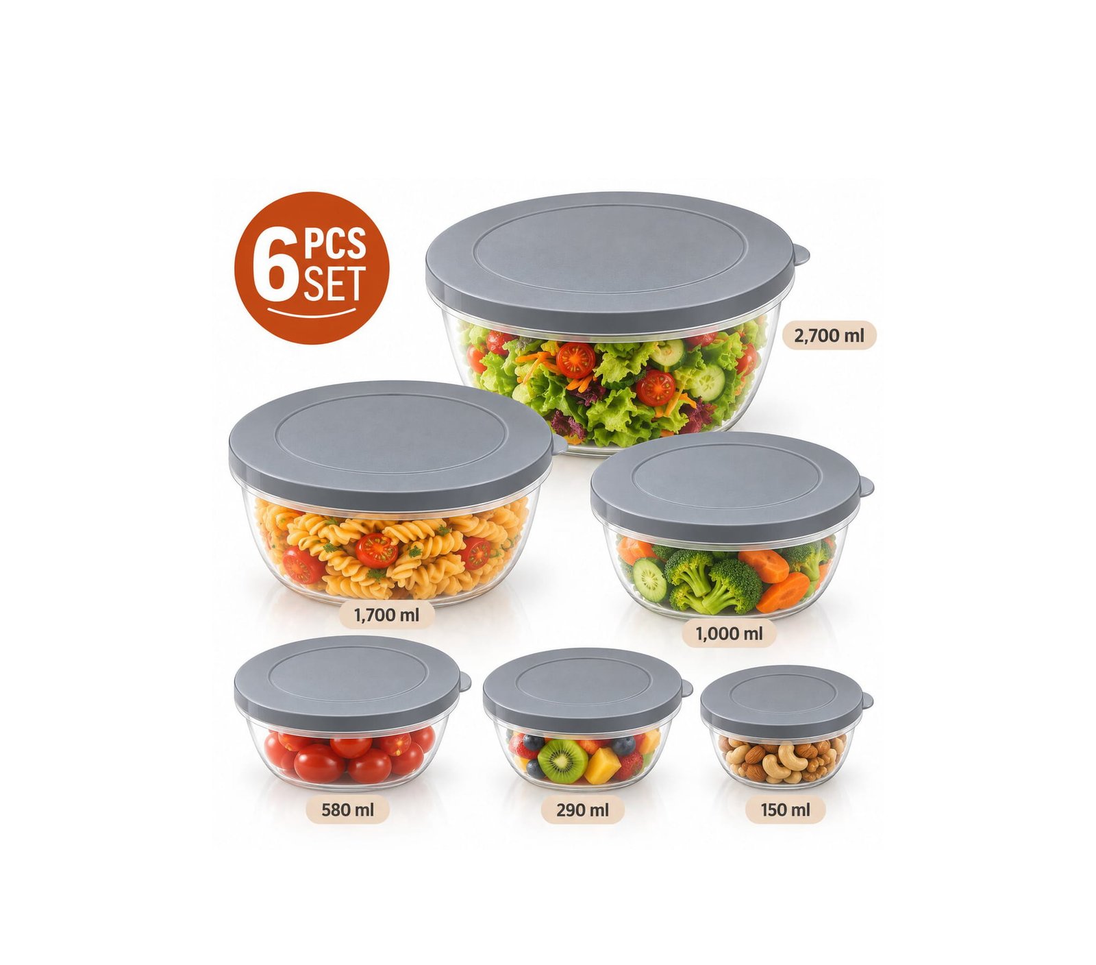 6 PCS ROUND PLASTIC FOOD STORAGE CONTAINERS SET