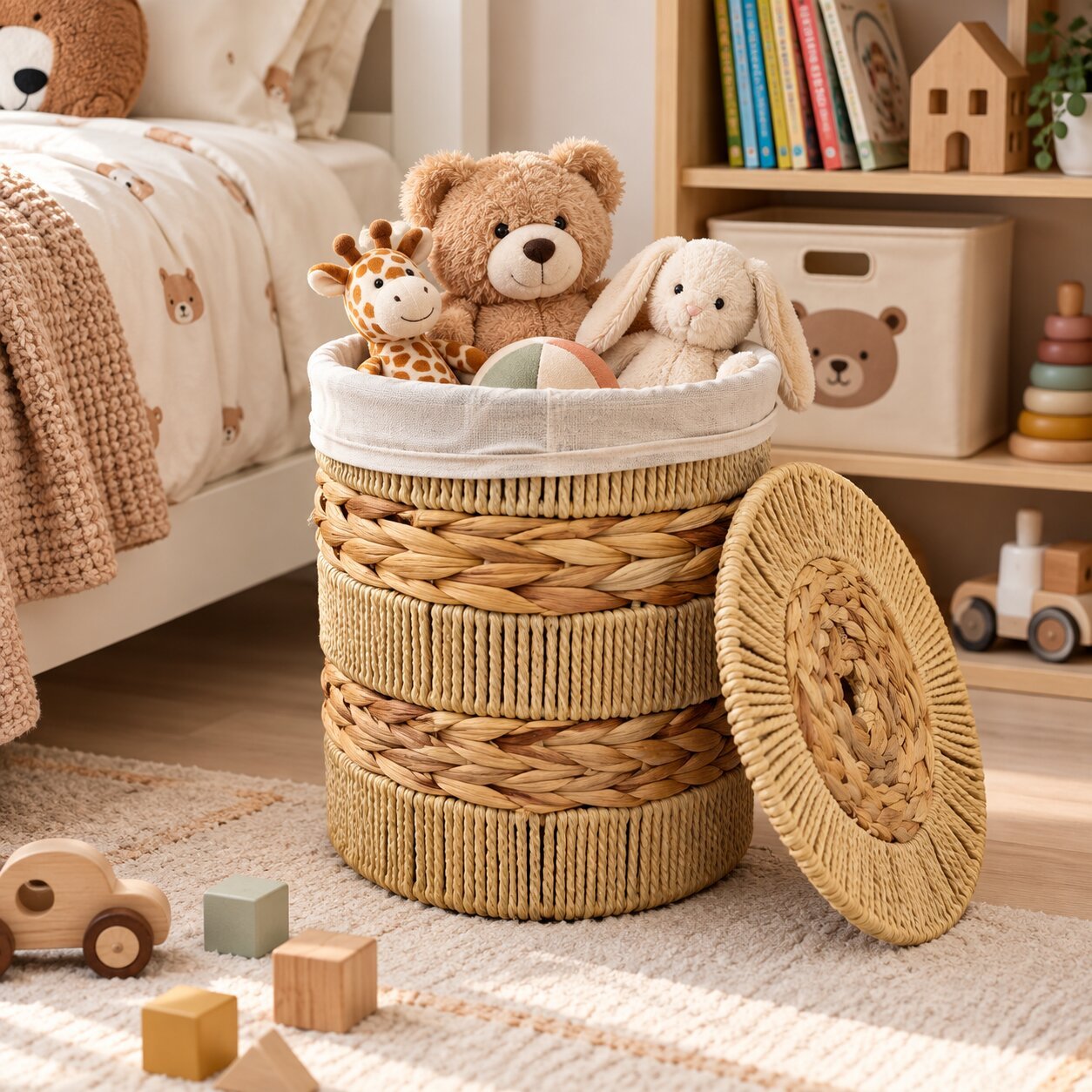 ROUND SEAGRASS STORAGE BASKET WITH LID & LINER 29 CM