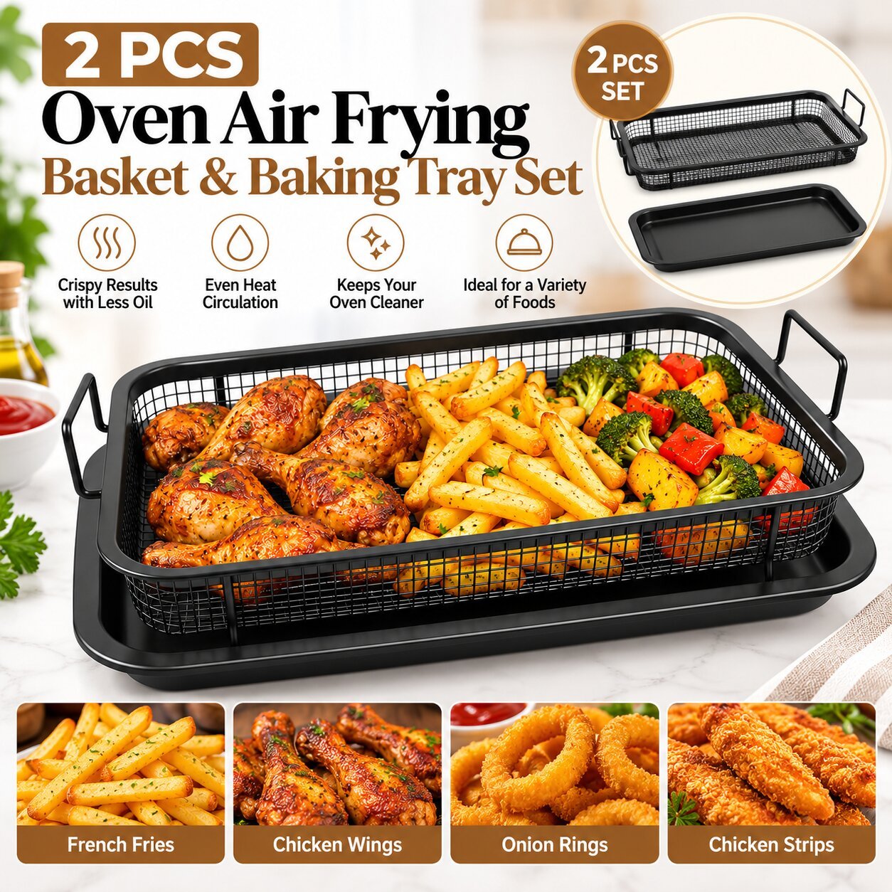 SET 2 PCS OVEN AIR FRYING BASKET WITH BAKING TRAY