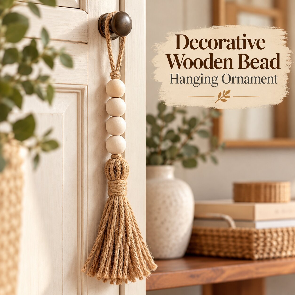WOODEN BEAD HANGING ORNAMENT WITH JUTE TASSEL