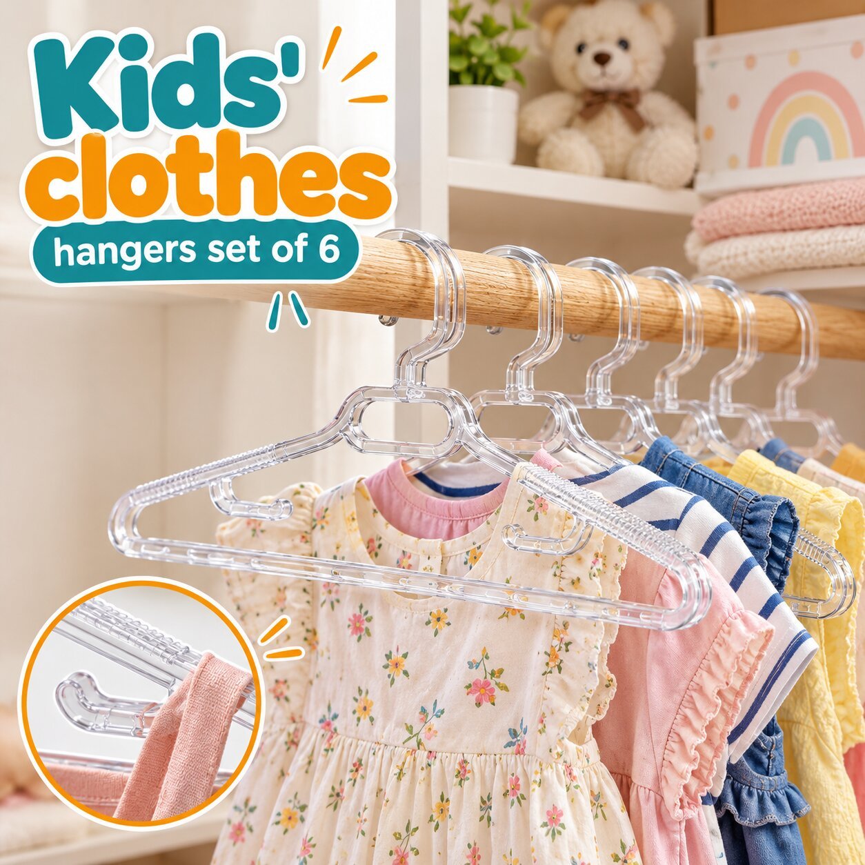 SET OF 6 CLEAR PLASTIC KIDS CLOTHES HANGERS
