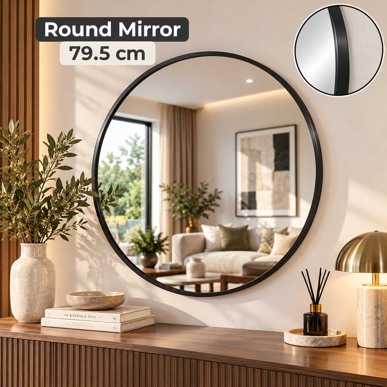 ROUND WALL MIRROR 79.5 CM WITH BLACK PLASTIC FRAME