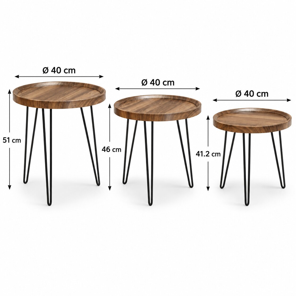 SIDE TABLE SET ROUND WOODEN WITH METAL LEGS 3 PCS - Image 2