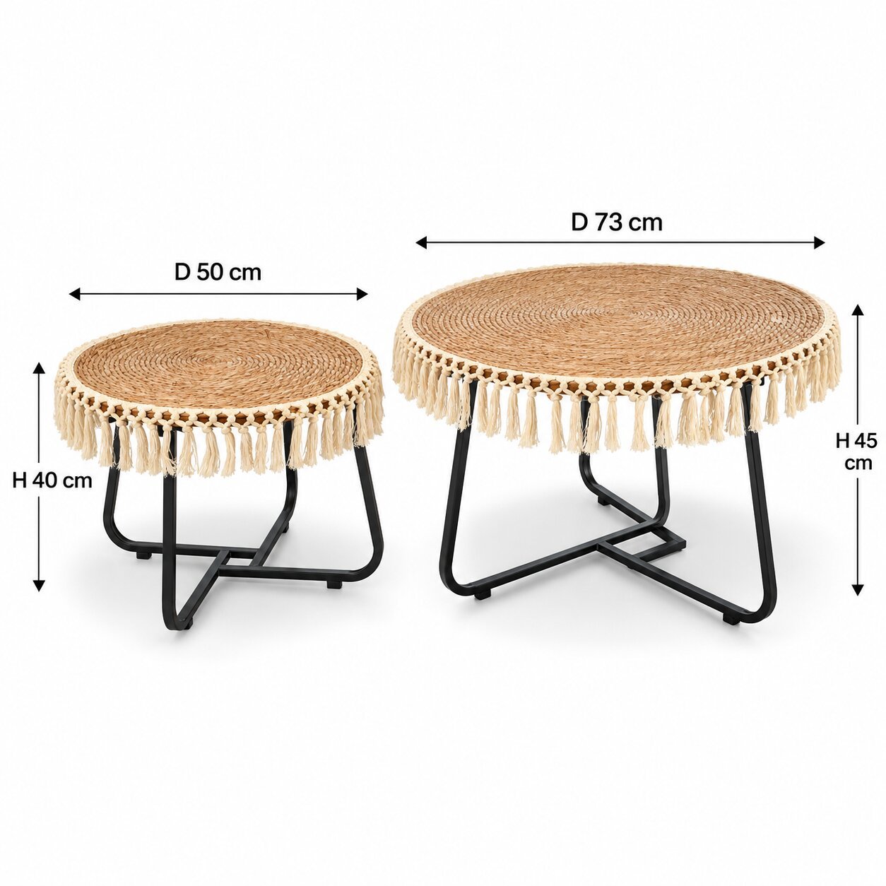 SET OF 2 ROUND TABLES WITH DECORATIVE STRAW TOPS