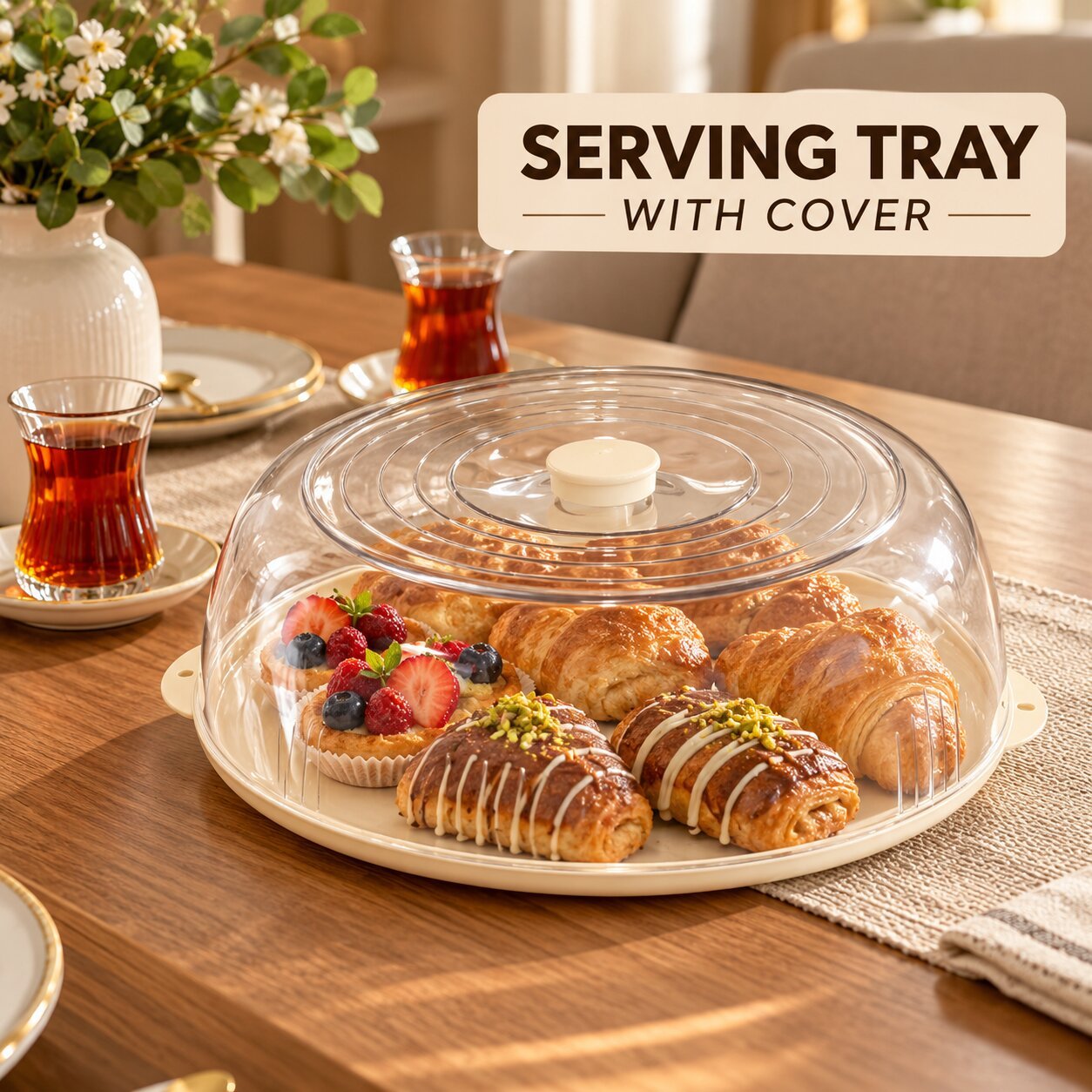 ROUND PLASTIC CAKE SERVING TRAY WITH CLEAR COVER