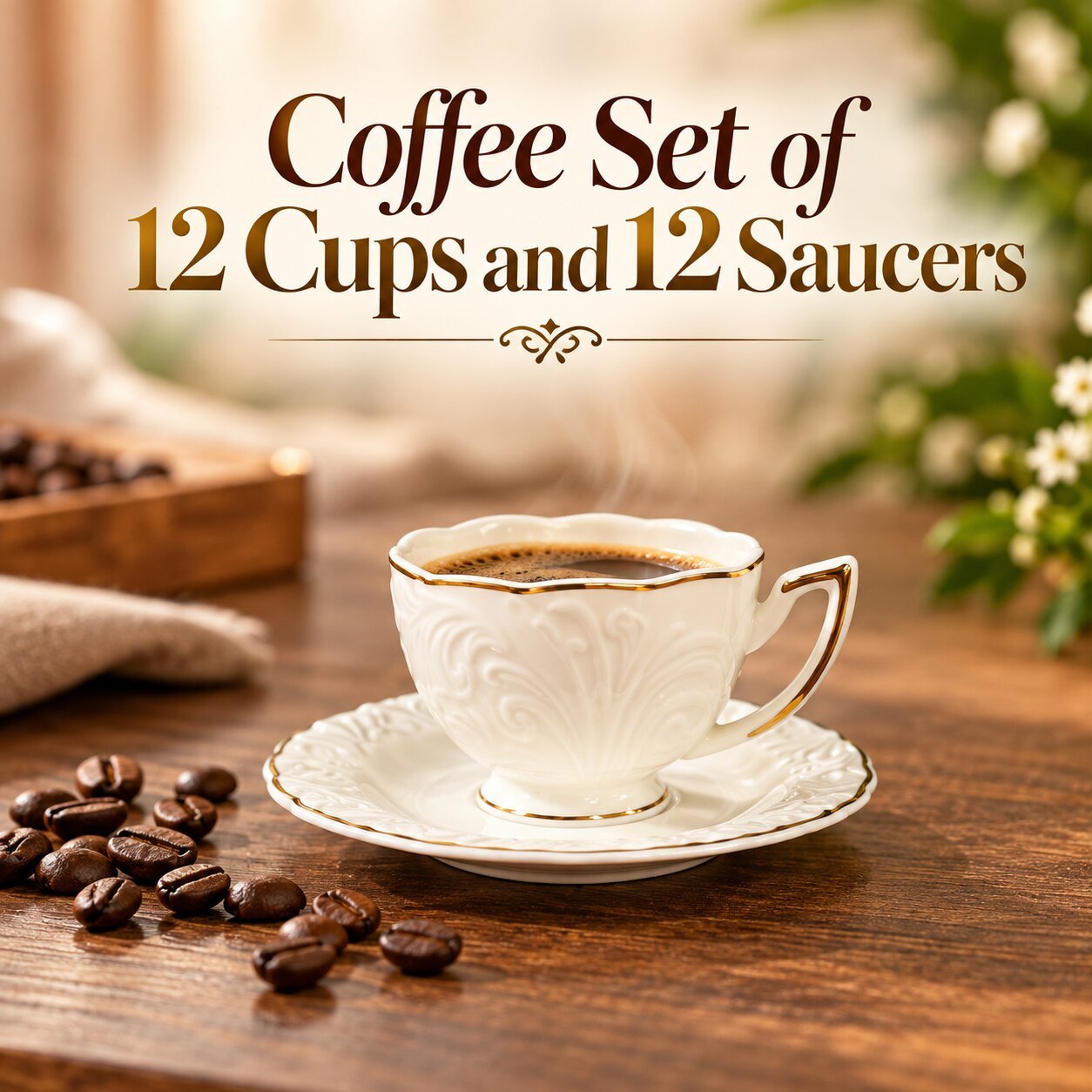 SCALLOPED CERAMIC COFFEE CUP AND SAUCER SET OF 12