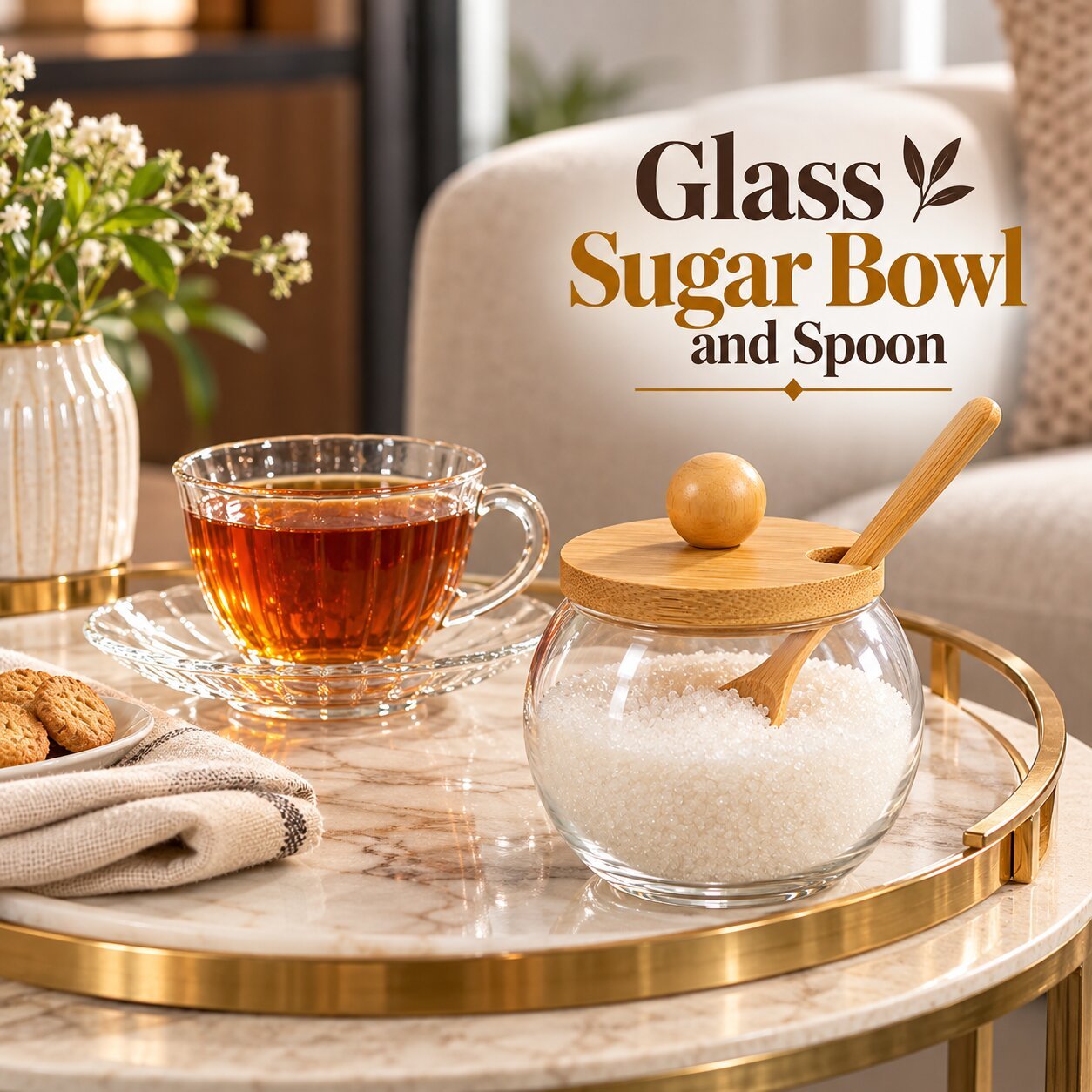 GLASS SUGAR BOWL WITH WOODEN LID & SPOON SET - Image 1