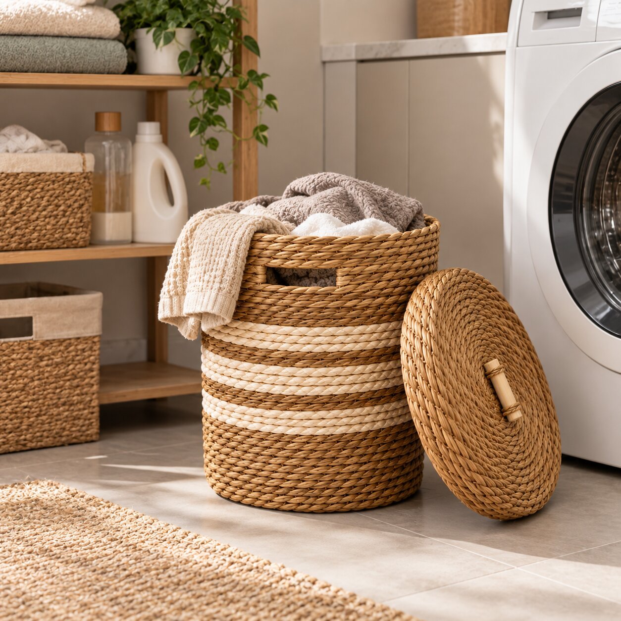 ROUND WOVEN SEAGRASS STORAGE BASKET 40CM - LID