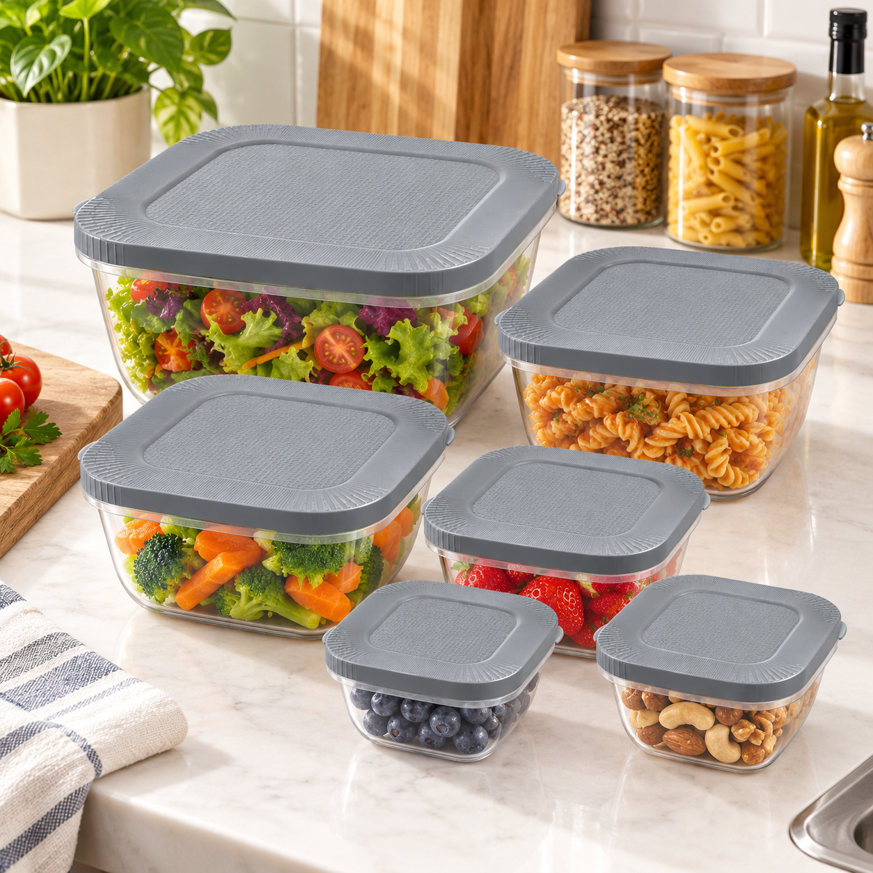 PLASTIC FOOD STORAGE SQUARE CONTAINER SET OF 6 WITH LIDS
