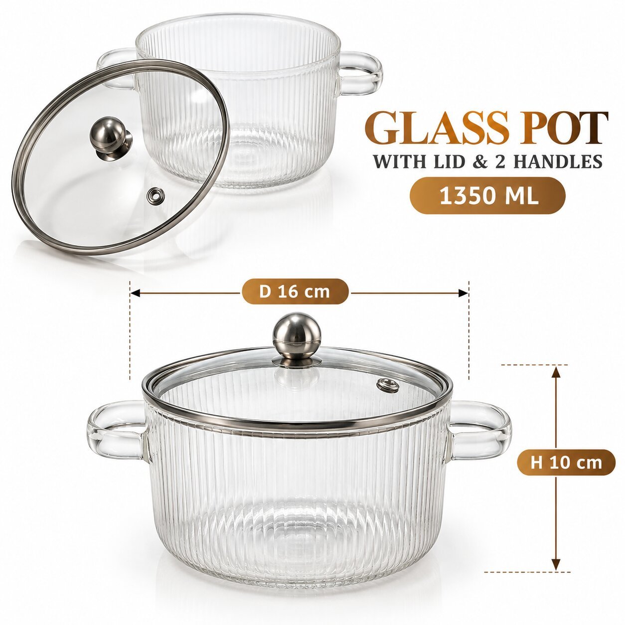 GLASS COOKING POT WITH LID 1350 ML 2 HANDLES