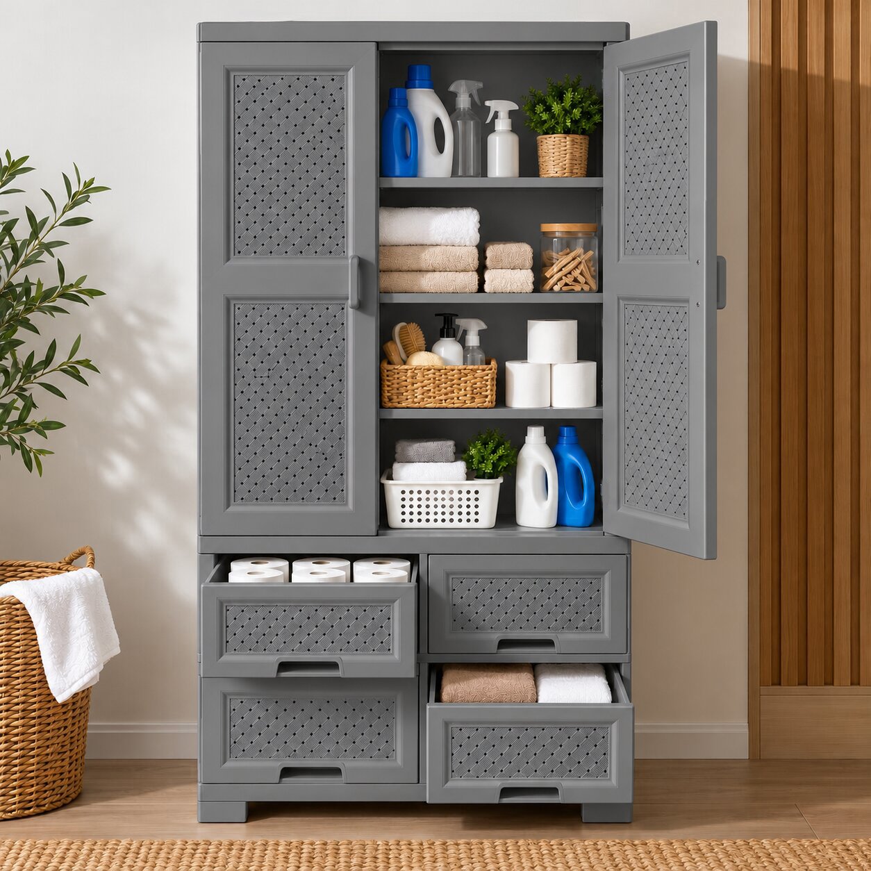 GREY STORAGE CABINET WITH 4 DRAWERS & SHELVES