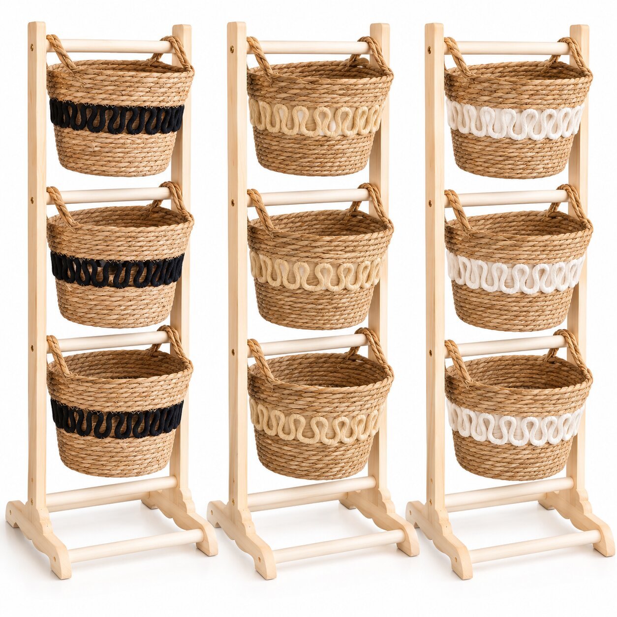 3-TIER WOODEN STAND WITH MACRAMÉ ROPE BASKETS
