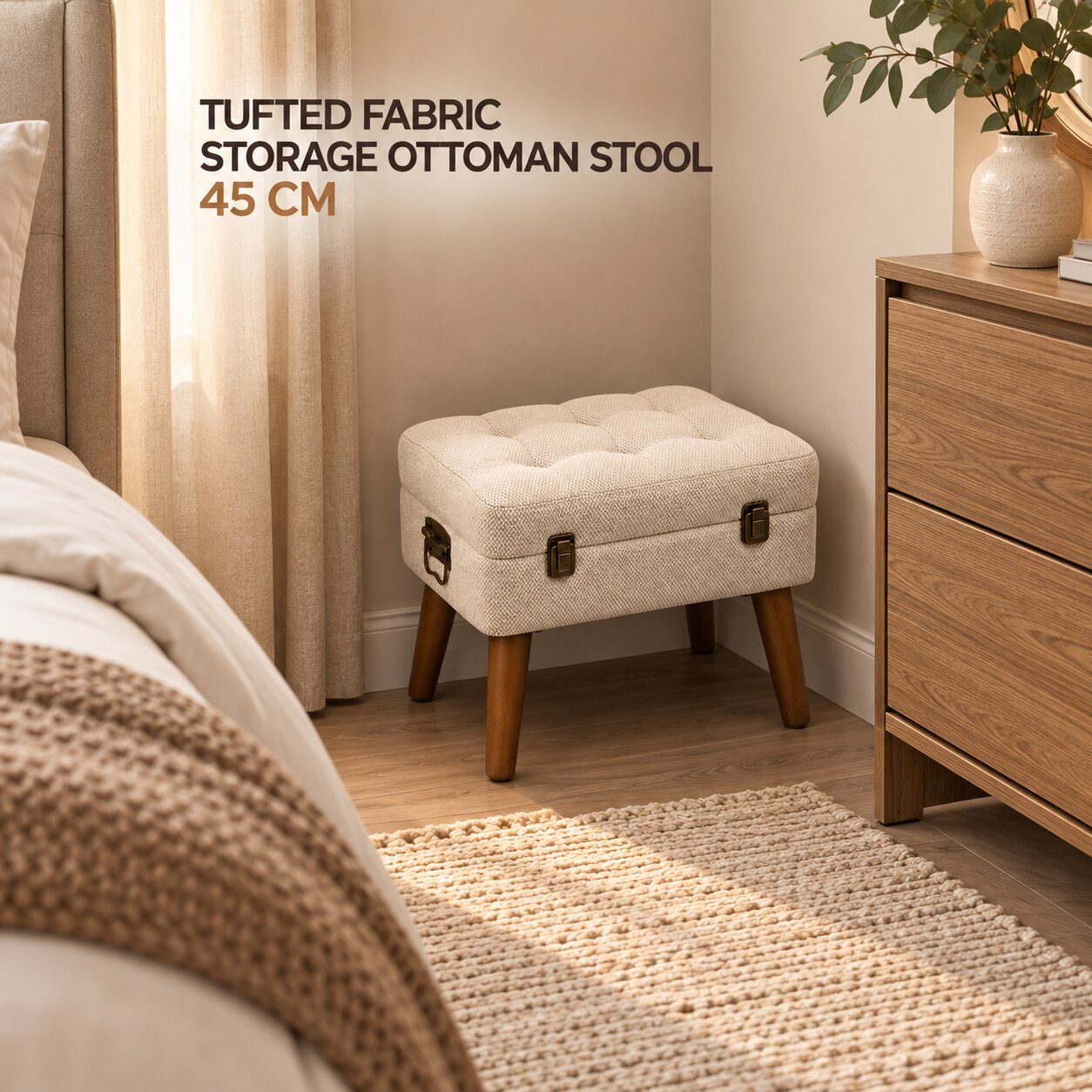 BEIGE TUFTED FABRIC STORAGE OTTOMAN STOOL 45 CM
