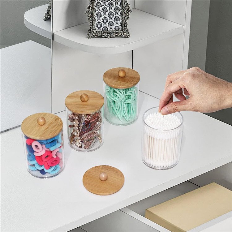 CLEAR PLASTIC COTTON SWAB JAR WITH BAMBOO LID