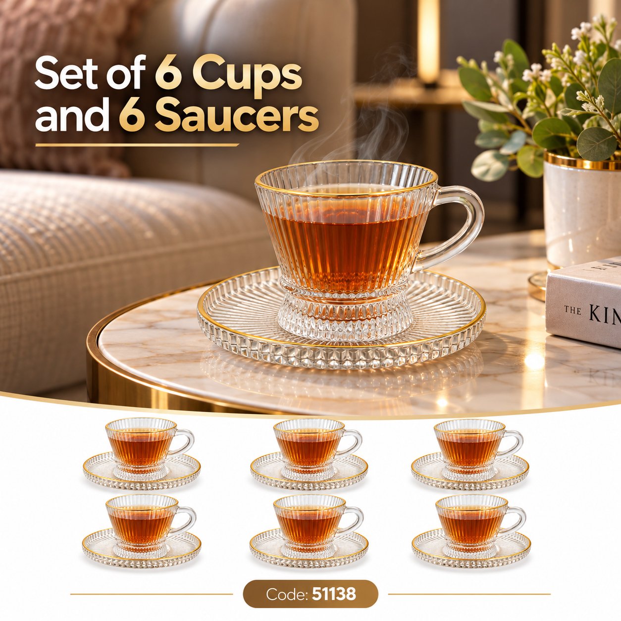 Glass Tea Cup and Saucer Set of 12 Pieces with Gold Rim