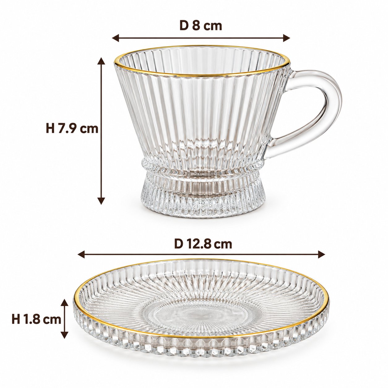 GLASS TEA SET 6 CUPS AND 6 SAUCERS WITH GOLD RIM - Image 2
