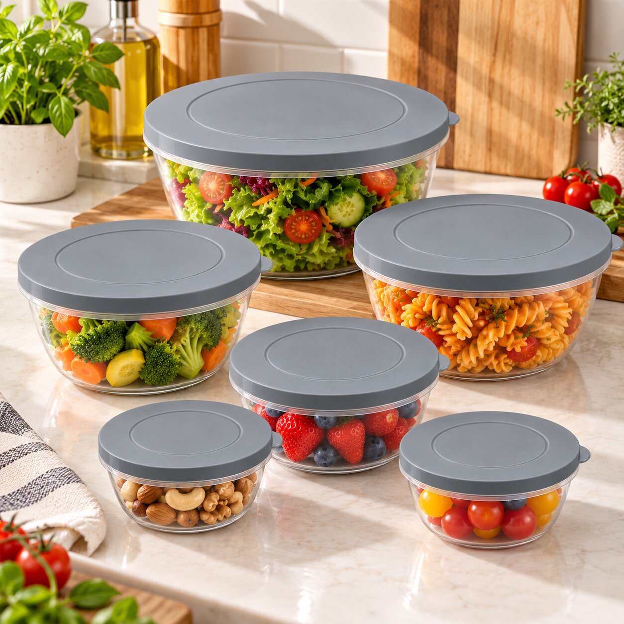 6 PCS ROUND PLASTIC FOOD STORAGE CONTAINERS SET