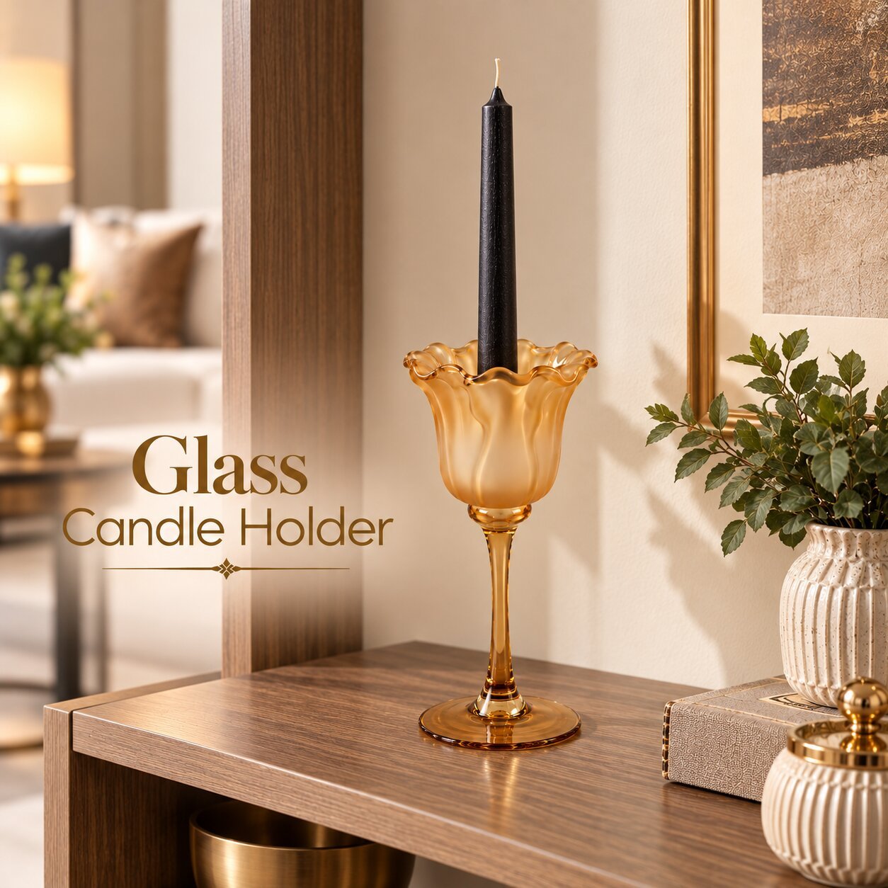 DECORATIVE AMBER GLASS FLORAL CANDLE HOLDER 20 CM