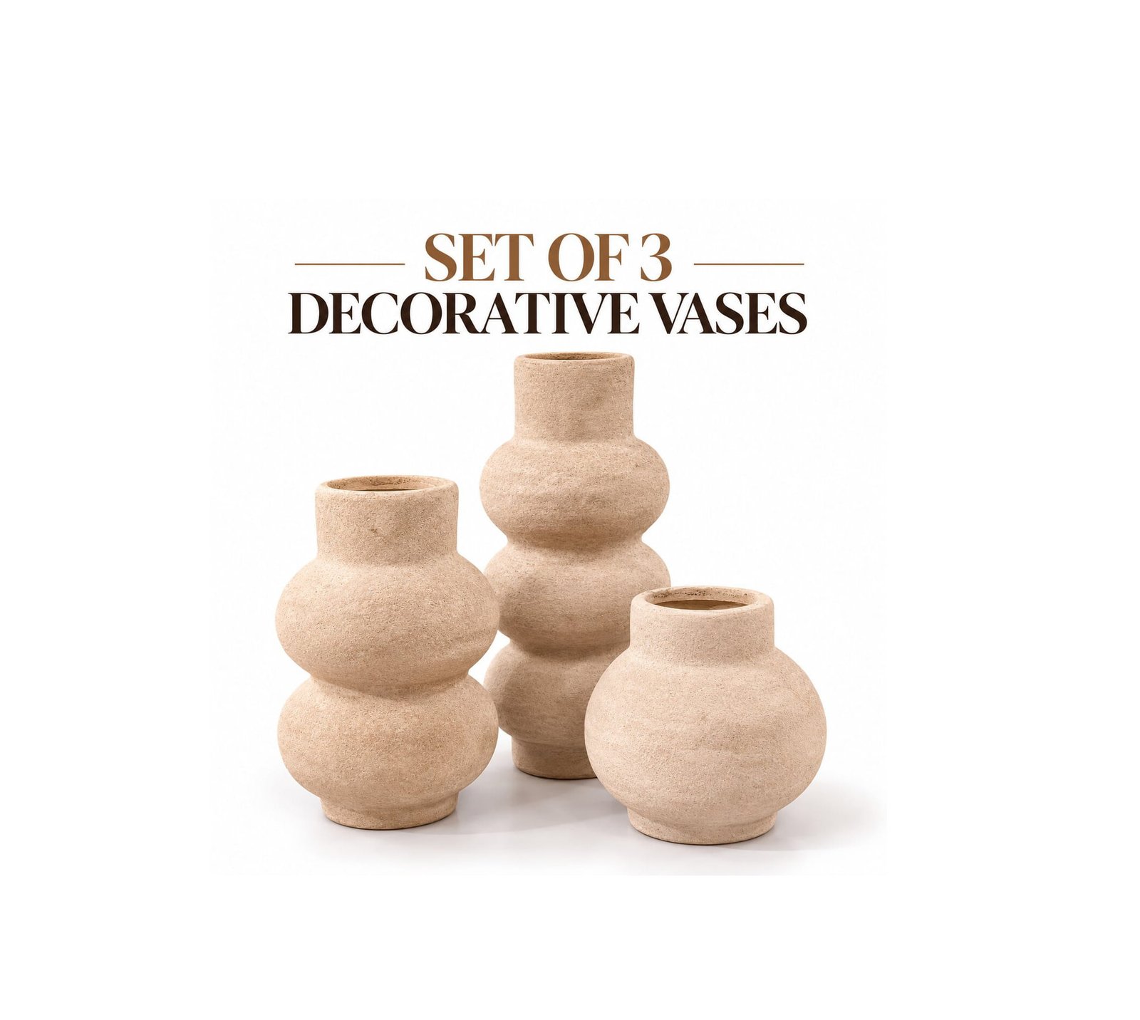 SET OF 3 DECORATIVE POTTERY VASES WITH ROUND SHAPES