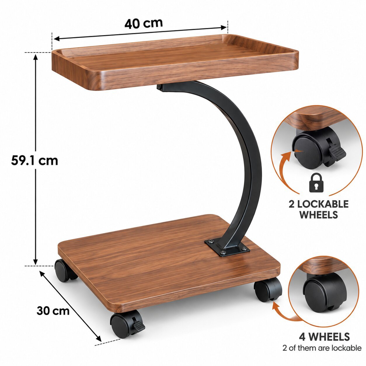 RECTANGULAR C-SHAPED SIDE TABLE WITH 4 WHEELS - Image 2