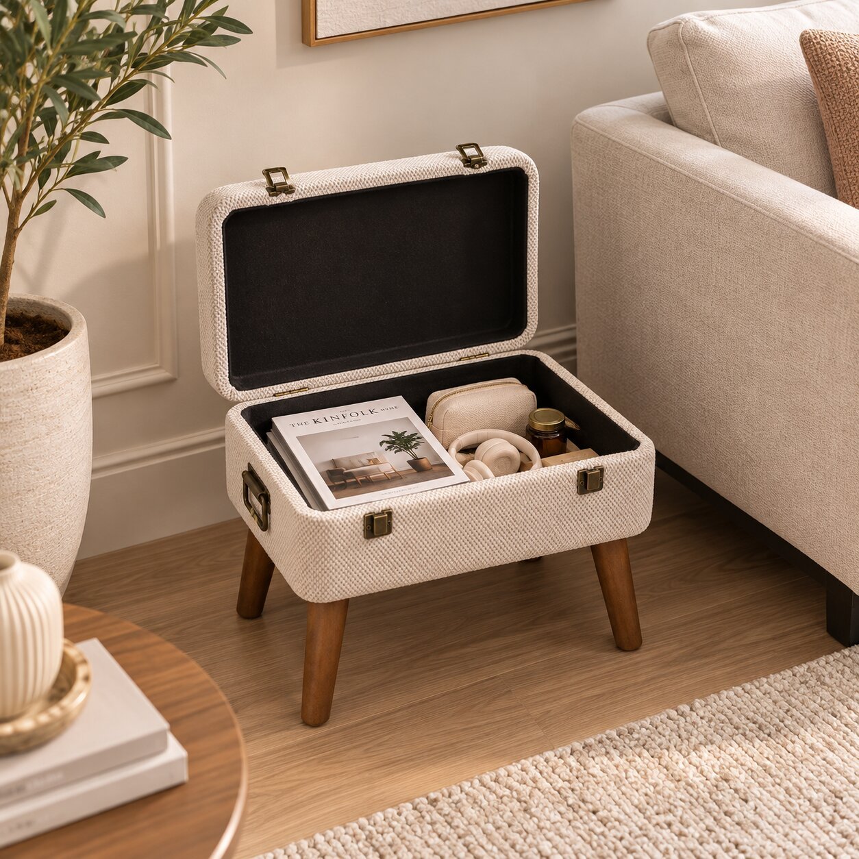 BEIGE TUFTED FABRIC STORAGE OTTOMAN STOOL 45 CM - Image 2