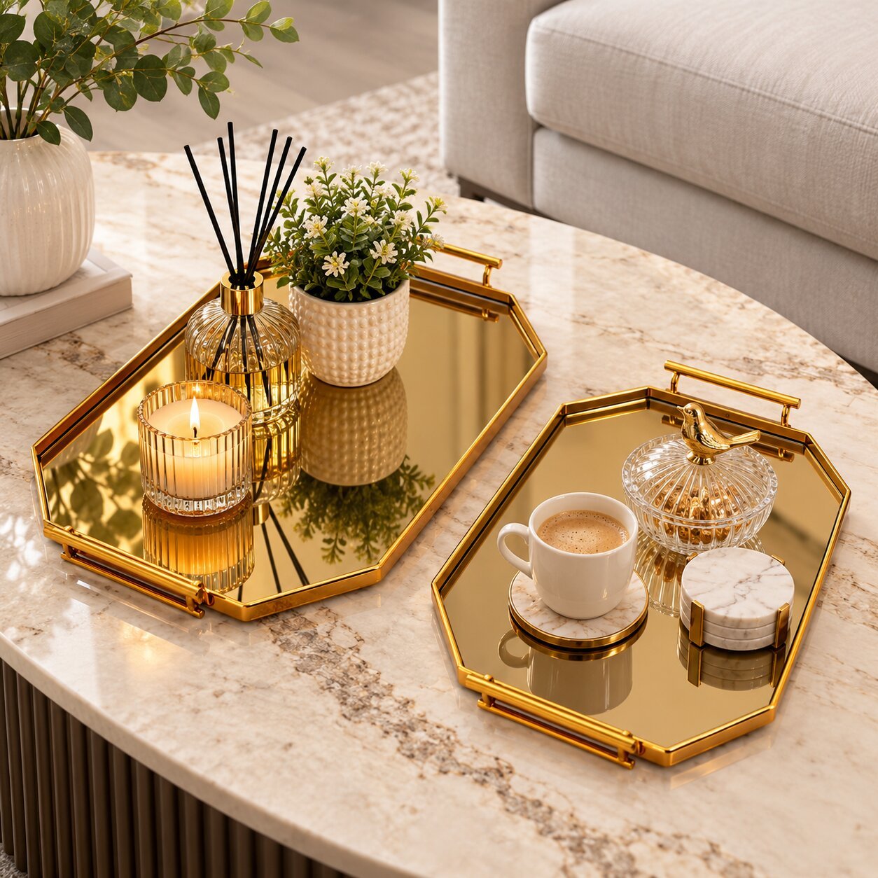 BROWN-GOLD DECORATIVE MIRRORED TRAYS SET OF 2 - Image 3